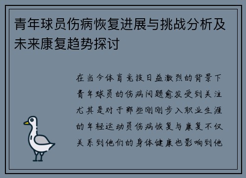 青年球员伤病恢复进展与挑战分析及未来康复趋势探讨 青年球员伤病恢复进展与挑战分析及未来康复趋势探讨